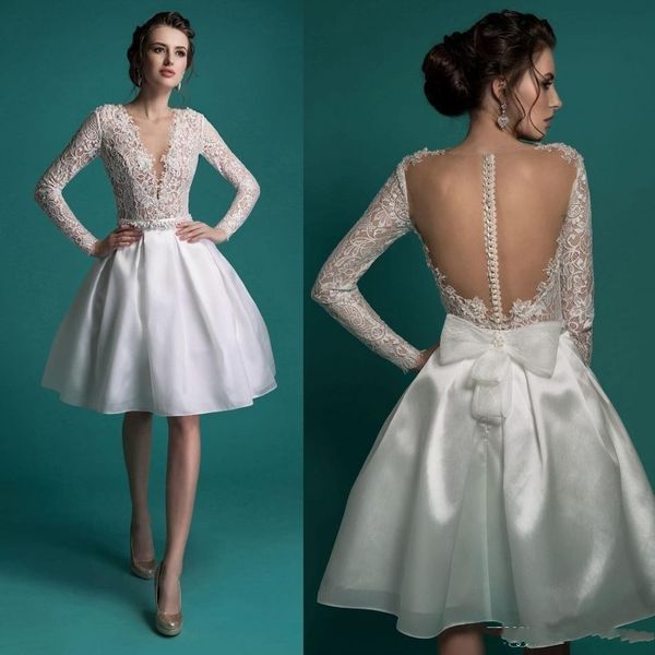 

2020 new short wedding dresses long sleeve backless a line bow beaded sash deep v-neck knee length organza lace bridal gowns