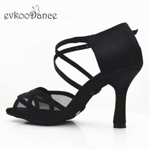 

evkoodance 8.3 cm heel height comfortable black satin with mesh zapatos de baile latin shoes for women evkoo-526