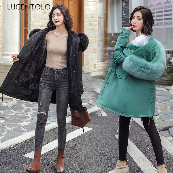 

lugentolo parker coat women's pike coat thicken large size loose fashion winter lamb hair casual solid color long sleeve cotton, Black