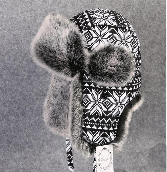 

thick knitting with hairy cap,windproof winter warm hat printed snowflake pattern earmuff ear flaps hiking cap, Black;white
