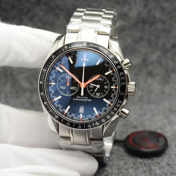 

44mm quartz movement mens watches satch high grade man wristwatches stainless steel band orange hands two small dials, Slivery;brown