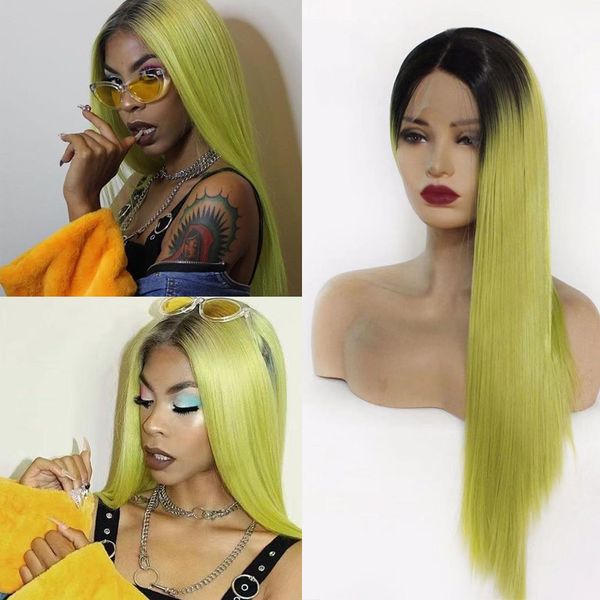 

темные корни желто-зеленый цвет фронта шнурка жаропрочных синтетических волос парики шнурка для женщин прямой синтетический волос парик фрон, Black