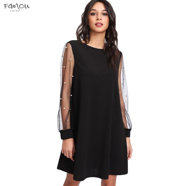 

Dress Elegant Dresses Pearl Beading Mesh Sleeve Tunic Autumn Black Boat Neck Long Sleeve A Line Womens Designer Clothes