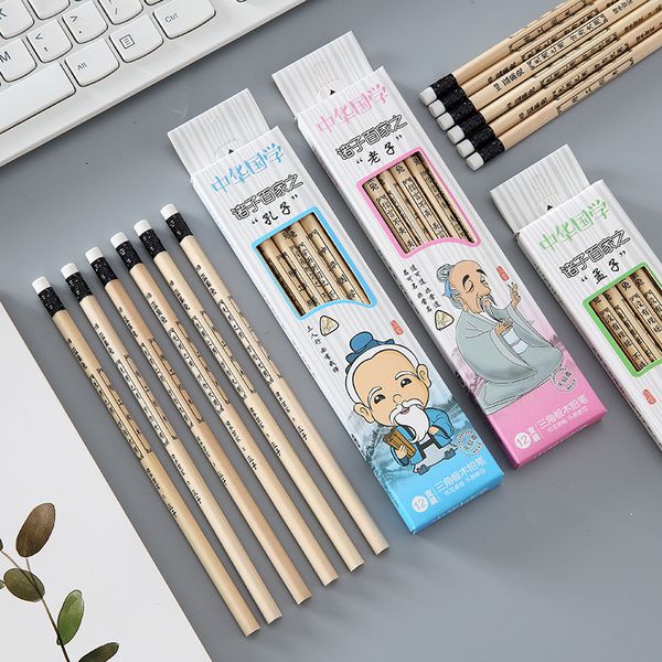 

12pcs kawaii wood pencils cute creative chinese confucius pencil with eraser for school supplies stationery prizes children gift