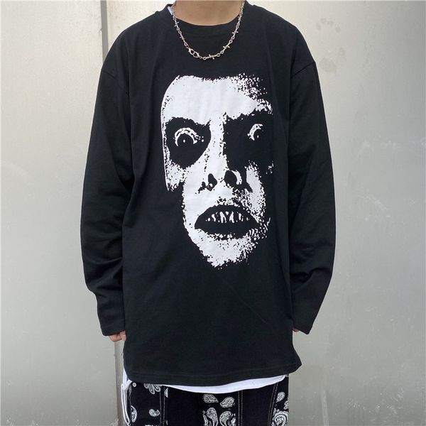 

oversize skull print long sleeve t-shirt for men high street hop hop loose tshirts male women couple basic section tees shirt, White;black