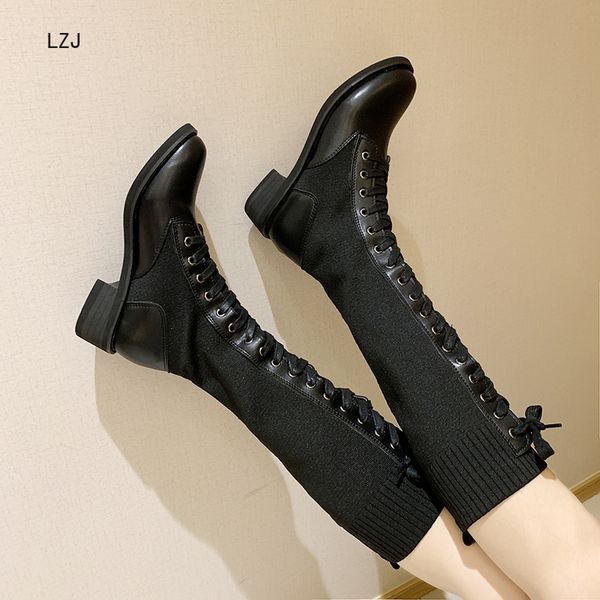 

lzj brand new 2019 autumn and winter ladies shoes fashion cross straps pu + woolen rider boots zapatos de mujer, Black