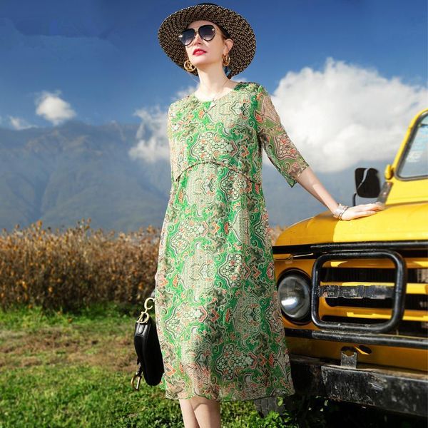 

2020 new summer women imitation silk mid-calf dress female summer half sleeve o-neck vintage print dresses casual vestidos y50, White;black