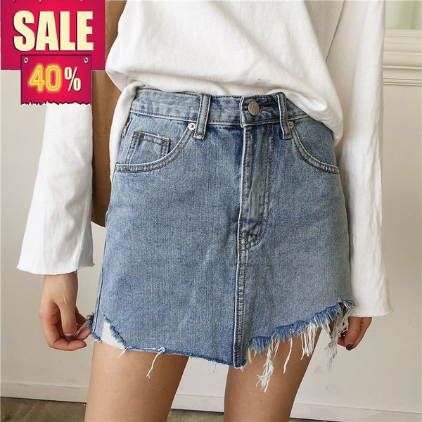 

ins summer women high waist denim edges skirts washed out tassel jean jupe mini single breasted pencil a-line skirt, Black