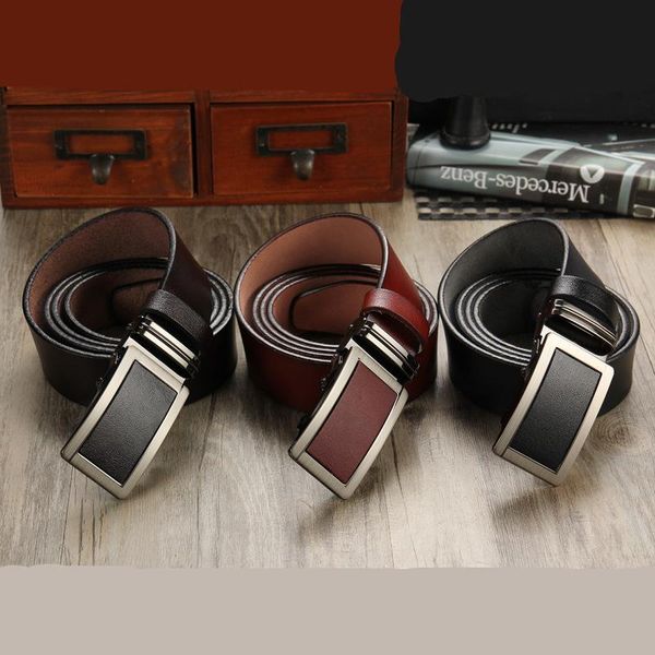 

new men's belt, cattle belt, alloy automatic buckle, casual belt, youth black toothless buckle belt wholesale, Black;brown