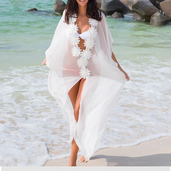 Vestido de lua de mel encoberto de praia para cima vestido lace praia túnica pareos swimwear mulheres 2018 biquíni encoberto chiffon maiô