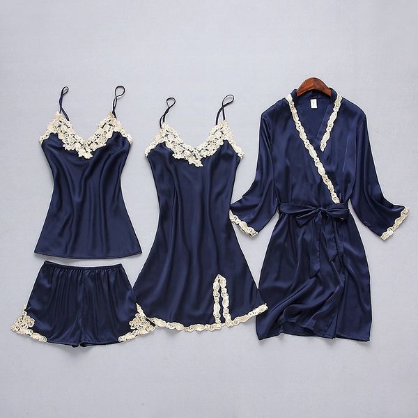 

spring summer pajamas set women pajamas nightgown lace patchwork soft sleepwear women robes babydolls 4 piece pajama set, Black;red