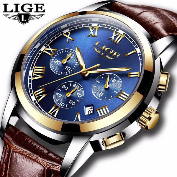 

lige watches men sports waterproof date analogue quartz men's watches chronograph business for men relogio masculino+box, Slivery;brown
