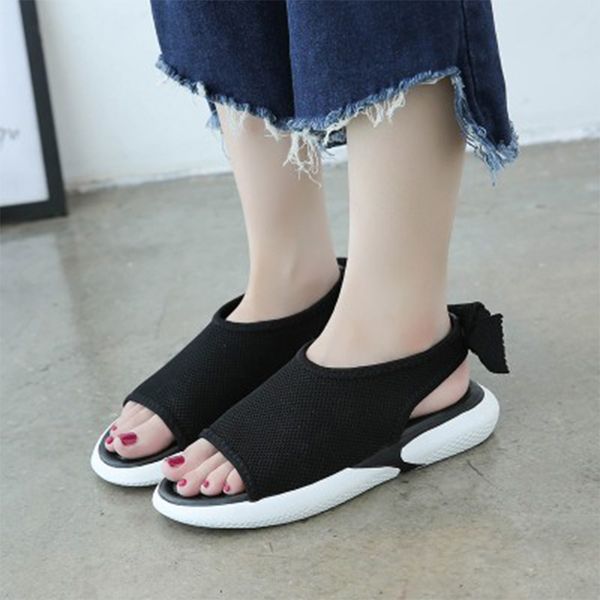 

ladies cute bowknot mesh breathable open toe flat women sandals woman fashion shoes female 2020 new summer autumn footwear, Black
