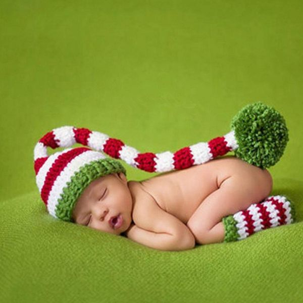 

baby handmade knit santa hat baby girls crochet xmas caps baby boys christmas pompom hats infant long tail stripe beanie cap j20163, Blue;gray