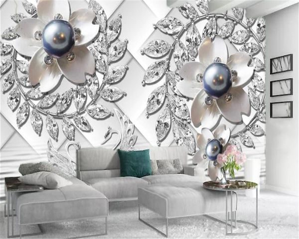 Personalizado luxo 3d papel de parede grandes pérolas roxas e diamantes flores cisne lago decoração interior decoração papel de parede