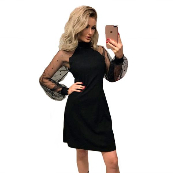 

mesh tulle patchwork women dress summer lantern long sleeve pearl slim lady female high neck casual short vestidos 2019, Black;gray