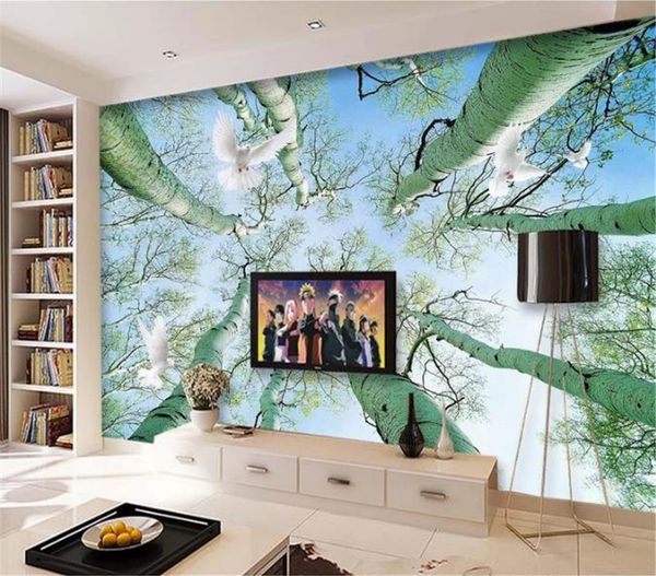 

wallpaper imitation oil painting looking up at the sky blank birch white dove 3d tv background wall painting wallpaper 3d wallpaper