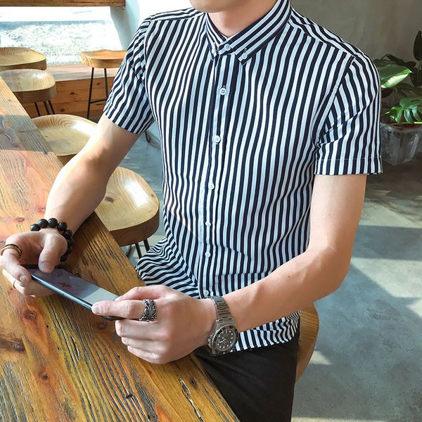 

new brand of men's stripe slim shirt, a number of buttons decorated short-sleeved shirt, evening shirt, White;black