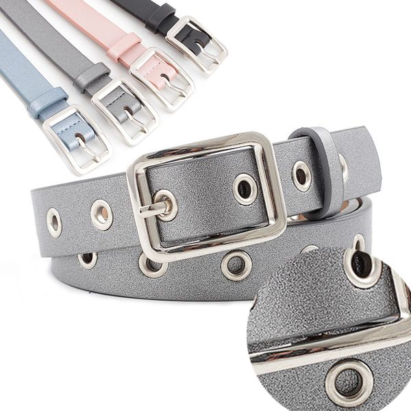 

2019 new women's silver square buckle belt fine flash thin light whole hole student fashion trousers belt pu leather easy, Black;brown