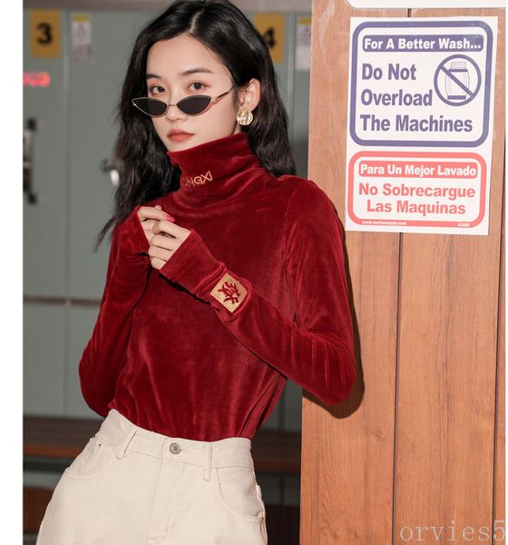 

spring and autumn new women's new year's clothes 2020 long sleeve high neck bottoming shirt red embroidery t-shirt trend, Black