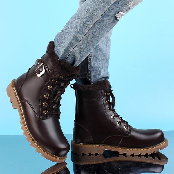 

winter new leather martin boots fashion casual high help plus velvet warm men's boots men's lace wear shoes, Black