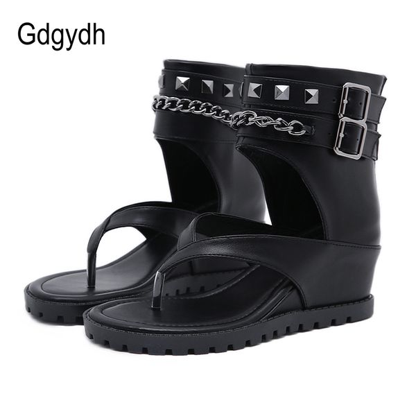 

gdgydh rivet women sandals fashion sandals retro gothic shoes for summer wedge heel back zipper metal 2020 new, Black