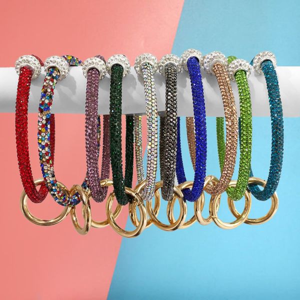 

round keychains bracelets fashion bangles rhinestones circle bag charm holder crystal silicone women jewelry key chain bead keychains gold k, Slivery;golden