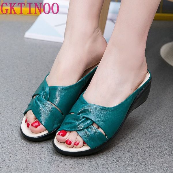 

gktinoo women genuine leather shoes summer solid women slippers wedges casual summer shoes flip flops plus size 35-43, Black