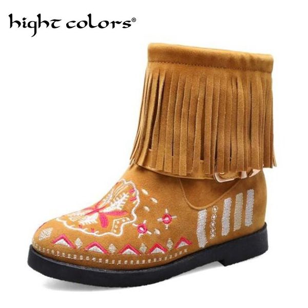 

new national wind boots embroidered women's shoes round head tassel students boots fashion women black brown size 34-43