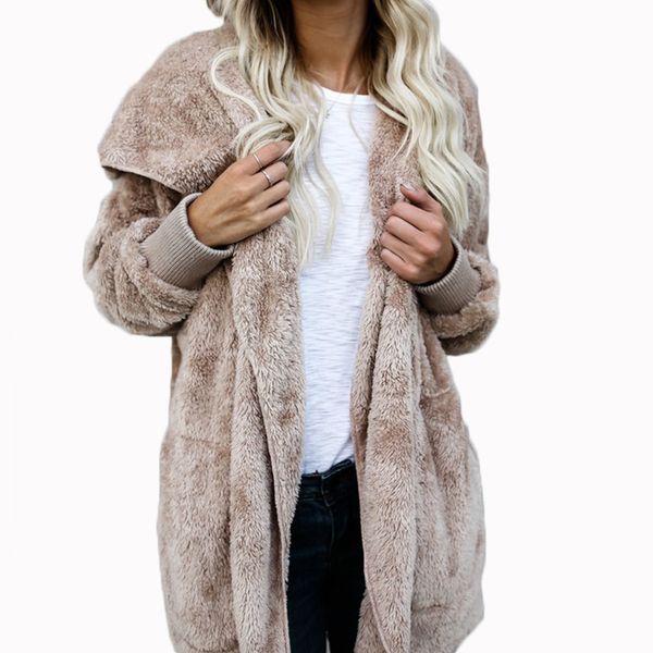 

elegant faux fur coat women 2018 autumn winter warm soft zipper fur jacket female plush long teddy coat casual outwear, Black