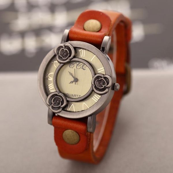 

vintage flower bronze case watch ladies dress watches retro cowhide strap quartz watch analog wrist watches for women, Slivery;brown
