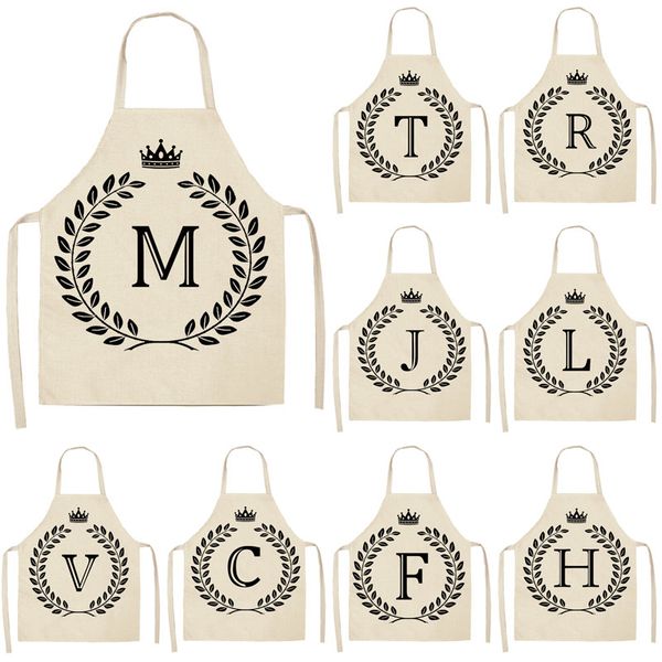 

1pcs simple crown letter printed kitchen apron for woman man cotton linen aprons for cooking home cleaning tools 55*68cm