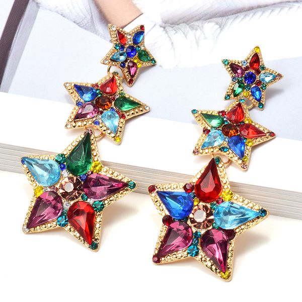 

new arrive statement star-shaped colorful rhinestone long dangle drop earrings high-quality fashion crystals jewelry accessories, Golden