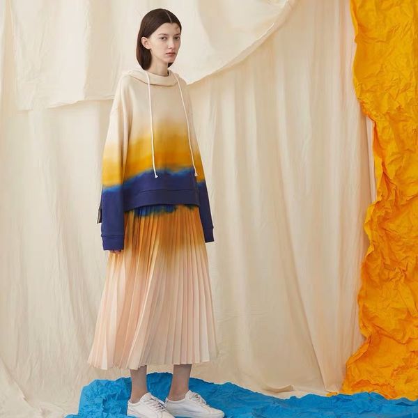 

irinay120 2019 spring summer new collection original print casual hoodies and pleated skirt set women, Black