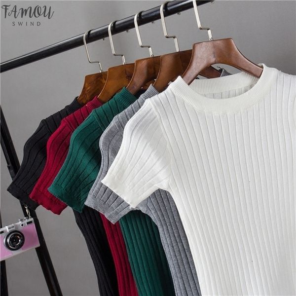 

cap sleeve womens o neck knitted short sleeve solid thin t shirts girls knitting stretchy sweater pullovers tees for female, White