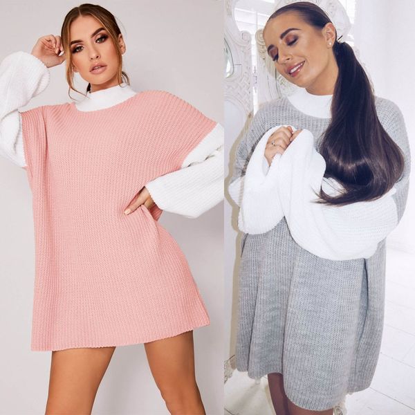 

european and american women's clothing round neck loose long sleeves featured color matching dress, Black;gray