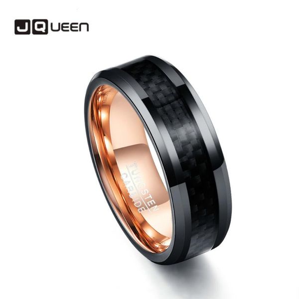 

jqueen 2020 new arrival 8mm wide rose gold tungsten steel ring inlaid black carbon fiber for men engagement wedding jewelry ring, Golden;silver