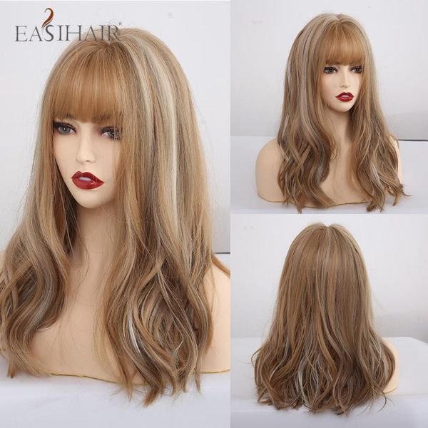 

easihair long wavy synthetic wigs mix blonde hair with bangs for afro women cosplay daily natural wigs heat resistant fiber, Black