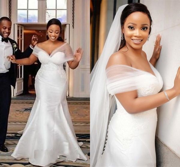 African Plus Size Mermaid Wedding Dresses 2020 Off Shoulder Draped Appliques Sweep Train Garden Bridal Gown Vestidos De Novia Wedding Mermaid Dress