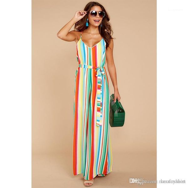 

bandwidth loose wide leg piece trousers fashion beach apparel womens summer color stripe jumpsuits hanging, Black;white