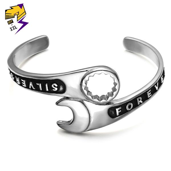 

punk biker wrench tools bangle vintage men stainless steel wrench mechanic spanner bangle wristband cuff bracelet, Black