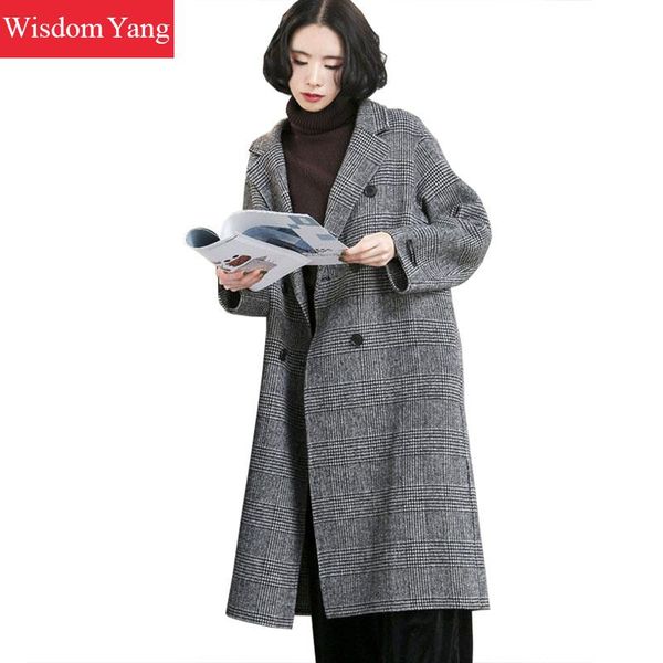 

elegant winter coat black plaid beige sheep wool cashmere coat women plus long oversize covered loose woolen overcoat outerwear