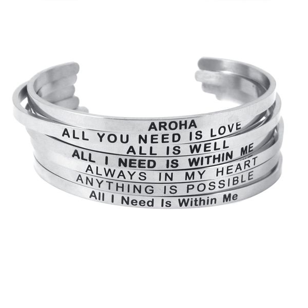 

4 mm silver stainless steel bangle engraved positive inspirational quote handmade cuff mantra bracelets for women gifts, Black