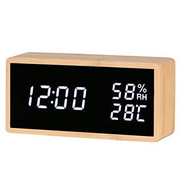 

digital alarm clock bamboo wood led light desk alarm clock displays time date temperature humidity