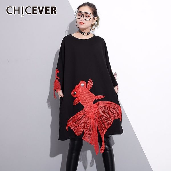 

chicever осень черный красная рыба женщины майка женский с длинным рукавом свободные пуловеры женские футболки большой размер одежды мода 20, Black;gray