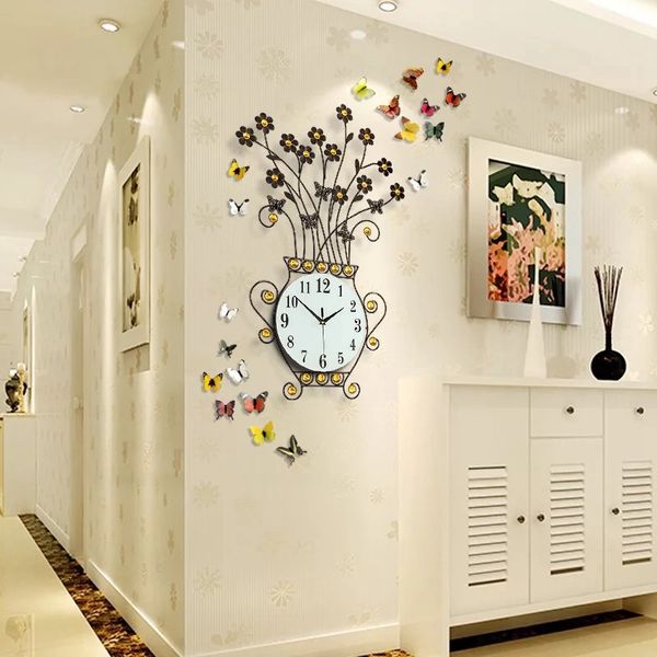 

3d настенные часы современный дизайн домашнего декора большие настенные часы гостиная 29 шт. бриллианты кованого железа тихая ваза и цветок