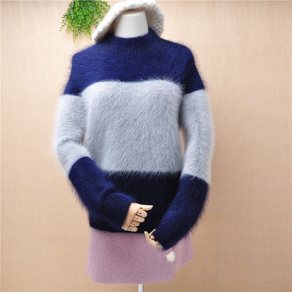 

ladies women fashion colored grey hairy mink cashmere long sleeves loose pullover angora fur knitted jumper winter sweater, White;black