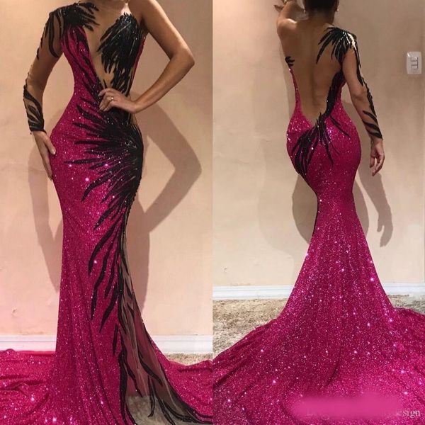 

plus size 2020 gorgeous fuchsia mermaid evening dresses open back sequined one shoulder evening prom gowns arabic pageant celebrity dress, Black