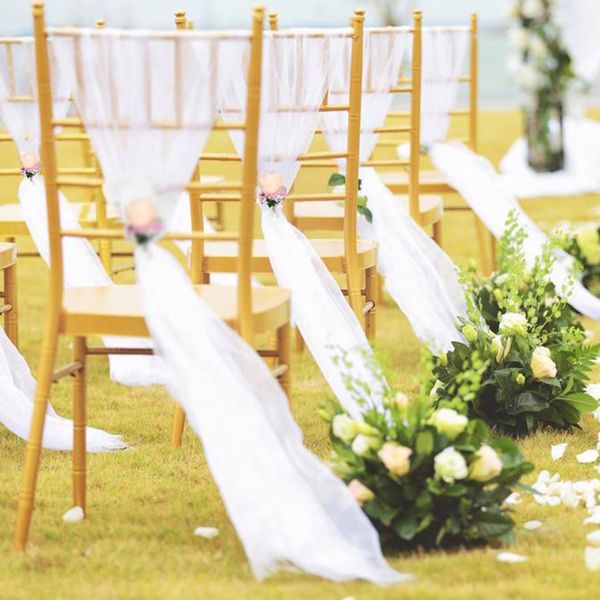 

beach theme wedding 30pcs white organza chair sashes with white champagne rose flower for wedding party banquet chair decoration