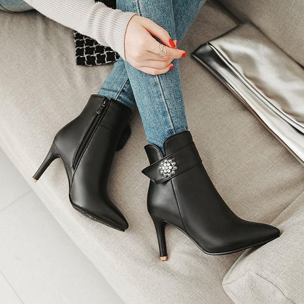 

pointed side zip boots for women shoes rhinestones stiletto ankle booties schoenen vrouwen hakken #l4, Black
